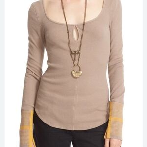 Free People Mod Cuff Striped Thermal L/S Top Shirt Fitted Brown Mustard Women L
